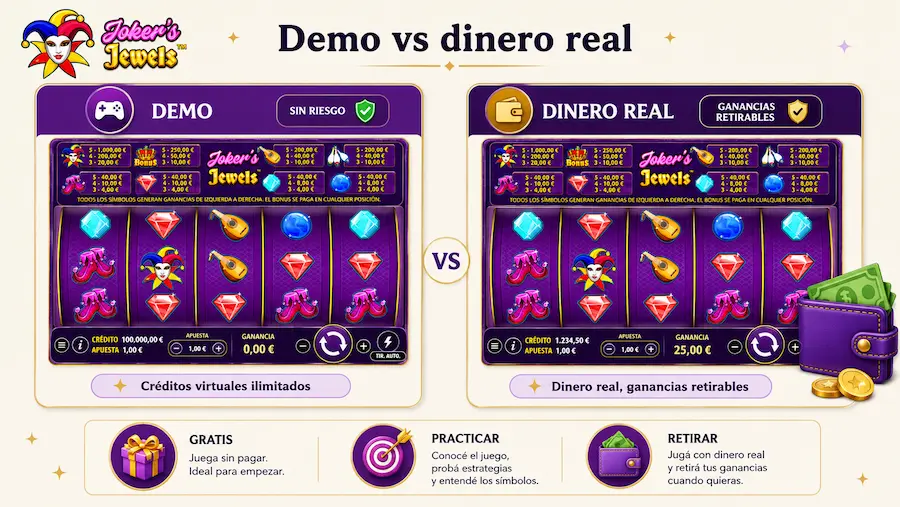 Comparativa de Joker Jewels en modo demo y dinero real