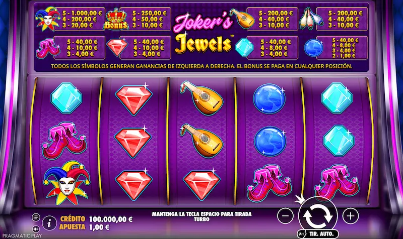 Interfaz original de Joker Jewels con rodillos, símbolos y tabla de pagos