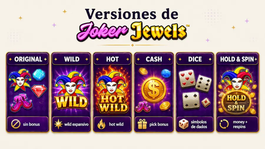 Versiones de Joker Jewels con Wild, Hot, Cash, Dice y Hold and Spin